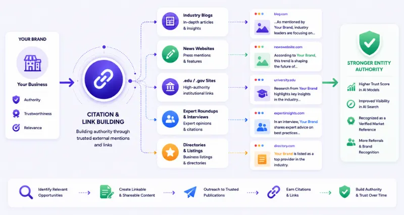 Citation and link building illustration showing trusted publications, contextual brand mentions, high-authority backlinks, and entity trust signals that improve AI search visibility, brand authority, and organic search rankings.