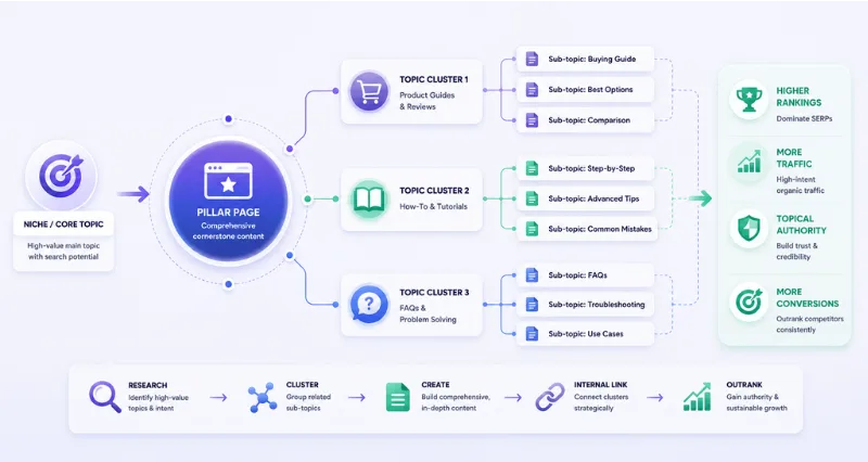 Topical authority architecture illustration showing a pillar page connected to topic clusters and related subtopics, creating semantic content coverage that improves topical authority, organic rankings, search visibility, and AI search understanding.
